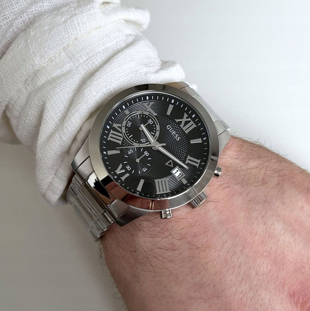 Guess Atlas Chronograph Black Dial Silver Steel Strap Watch For Men - W0668G3 Buy Now By Guess