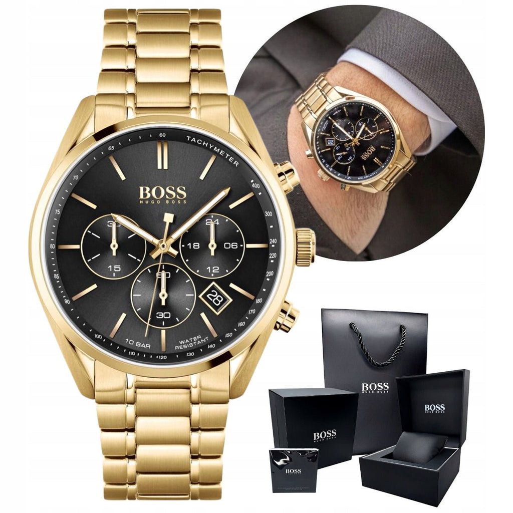 Hugo Boss Champion Black Dial Gold Steel Strap Watch for Men - 1513848 Buy Now By Hugo Boss