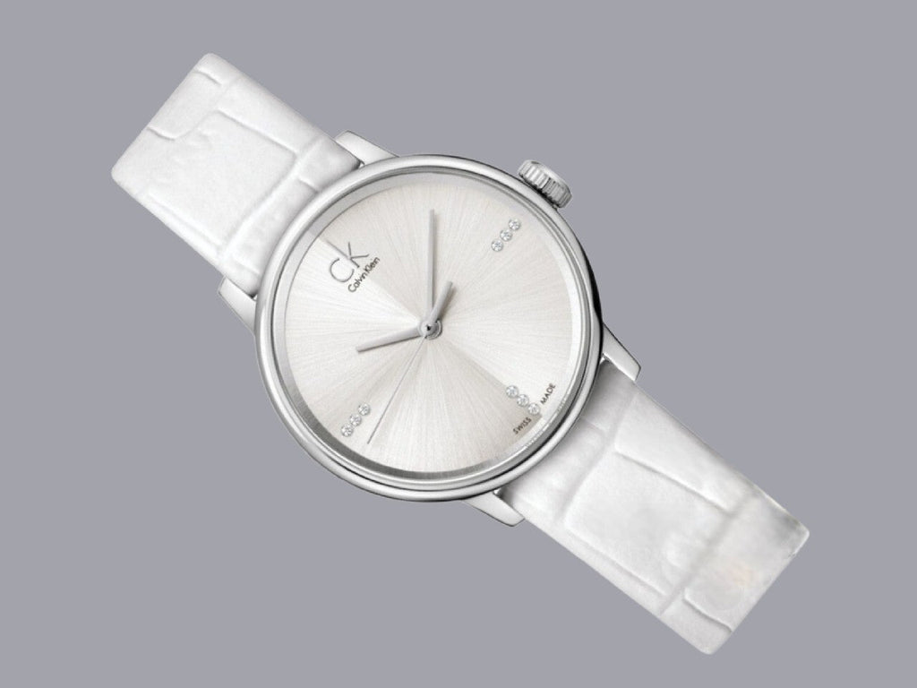 Calvin Klein Accent Silver Dial White Leather Strap Watch for Women - K2Y2Y1KW Buy Now By Calvin Klein