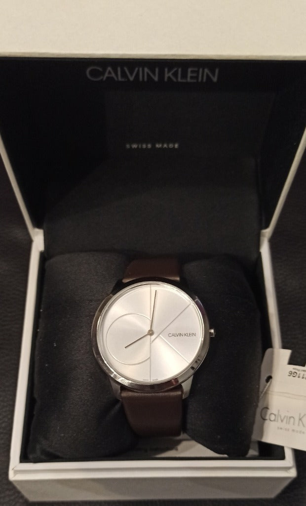Calvin Klein Minimal Silver Dial Brown Leather Strap Watch for Men - K3M211G6 Buy Now By Calvin Klein