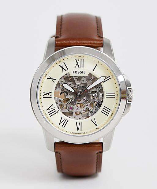 Fossil Grant Automatic Beige Skeleton Dial Brown Leather Strap Watch for Men - ME3099 Buy Now By Fossil