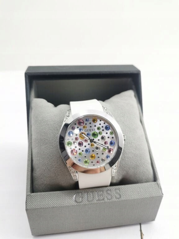 Guess Wanderlust Crystals Silver Dial White Rubber Strap Watch for Women - W1059L1 Buy Now By Guess
