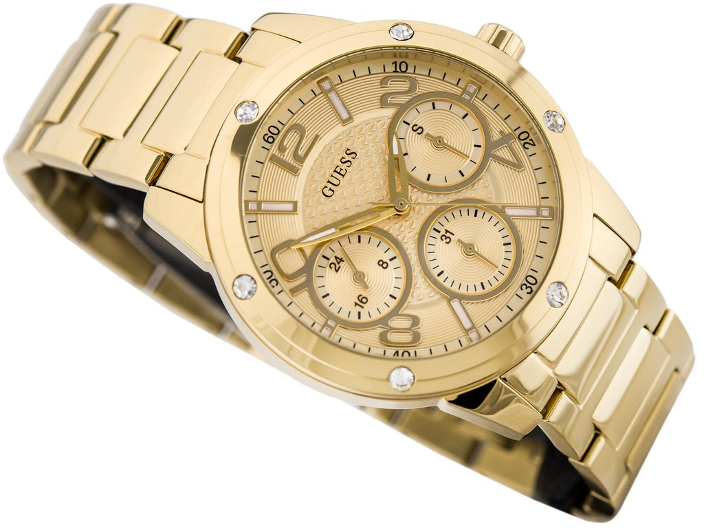 Guess Crystal Multifunction Gold Dial Gold Steel Strap Watch for Women - W0778L2 Buy Now By Guess