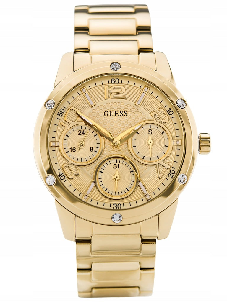 Guess Crystal Multifunction Gold Dial Gold Steel Strap Watch for Women - W0778L2 Buy Now By Guess
