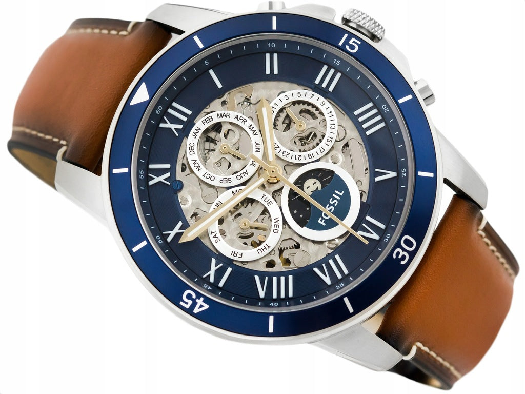 Fossil Grant Sport Automatic Skeleton Blue Dial Brown Leather Strap Watch for Men - ME3140 Buy Now By Fossil