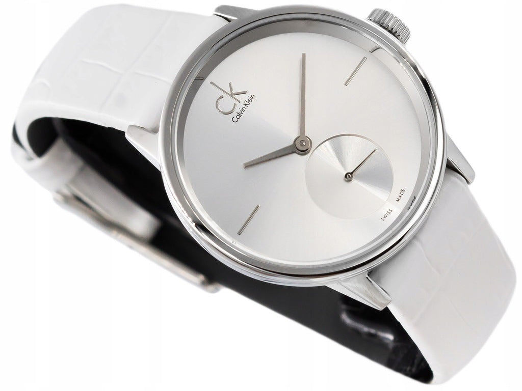 Calvin Klein Accent Silver Dial White Leather Strap Watch for Women - K2Y231K6 Buy Now By Calvin Klein
