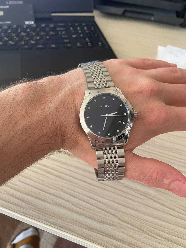 Gucci G Timeless Diamonds Black Dial Silver Steel Strap Watch For Men - YA126405 Buy Now By Gucci