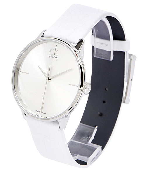 Calvin Klein Accent Silver Dial White Leather Strap Watch for Women - K2Y2X1K6 Buy Now By Calvin Klein