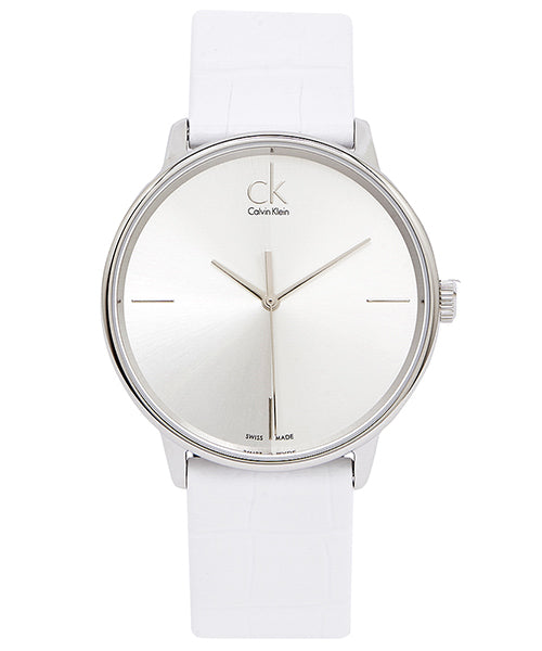 Calvin Klein Accent Silver Dial White Leather Strap Watch for Women - K2Y2X1K6 Buy Now By Calvin Klein