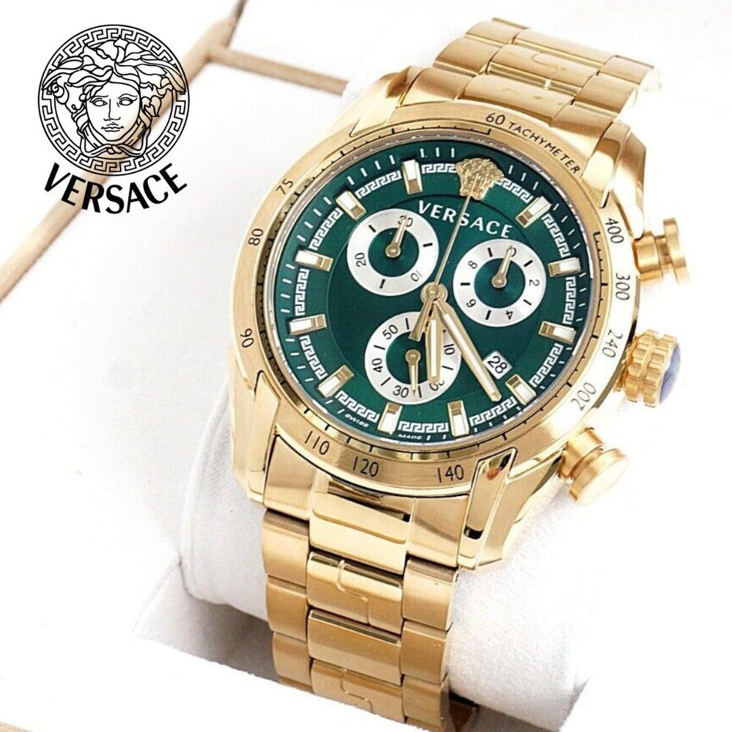 Versace V-Ray Chronograph Quartz Green Dial Gold Steel Strap Watch For Men - VE2I00621 Buy Now By Versace