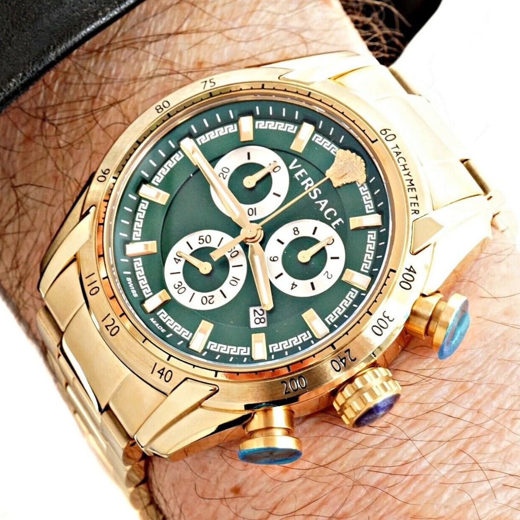 Versace V-Ray Chronograph Quartz Green Dial Gold Steel Strap Watch For Men - VE2I00621 Buy Now By Versace