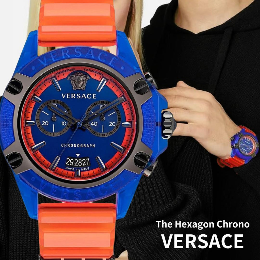 Versace Icon Active Chronograph Quartz Blue Dial Orange Rubber Strap Watch For Men - VEZ700922 Buy Now By Versace