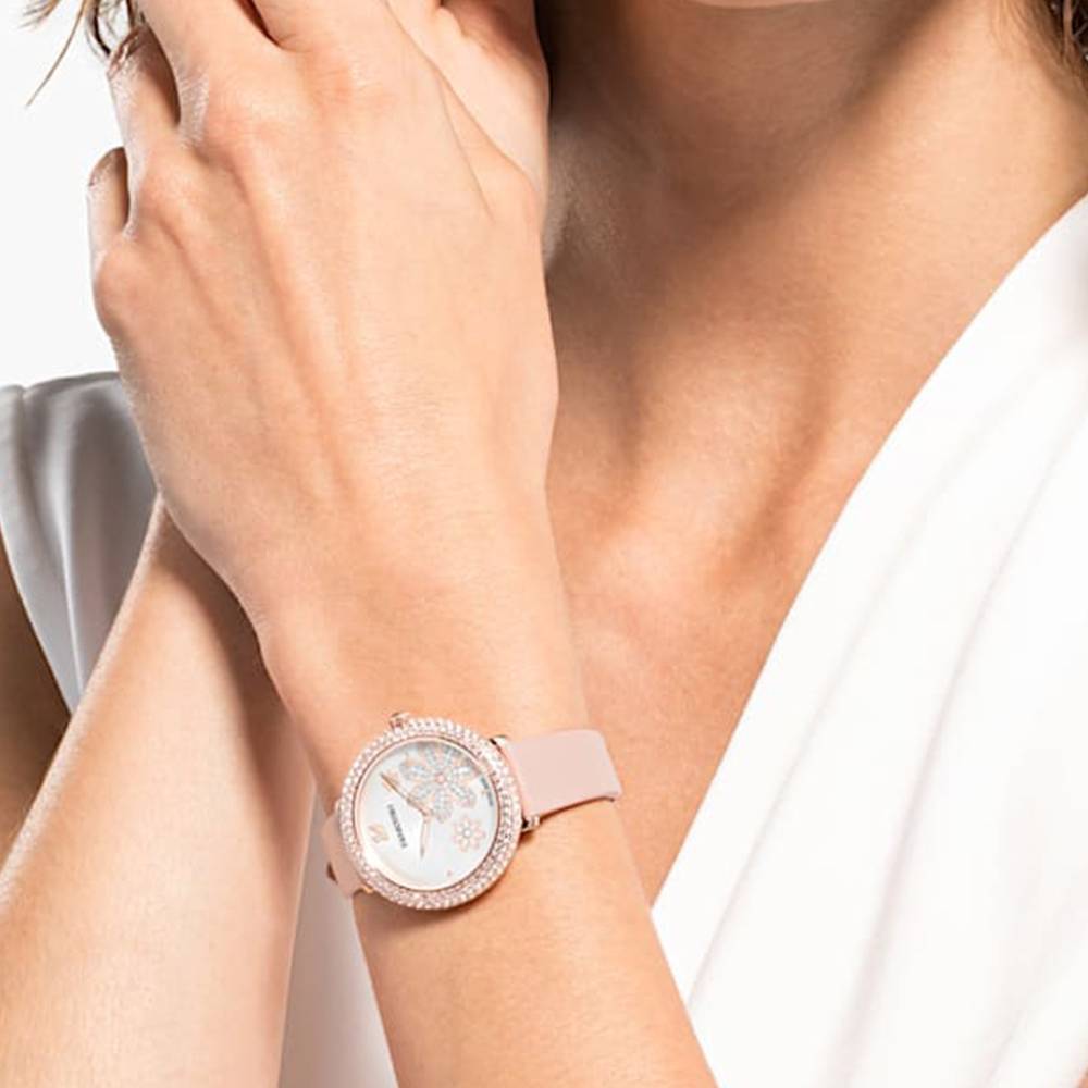 Swarovski Crystal Frost White Dial Pink Leather Strap Watch for Women - 5519223 Buy Now By Swarovski
