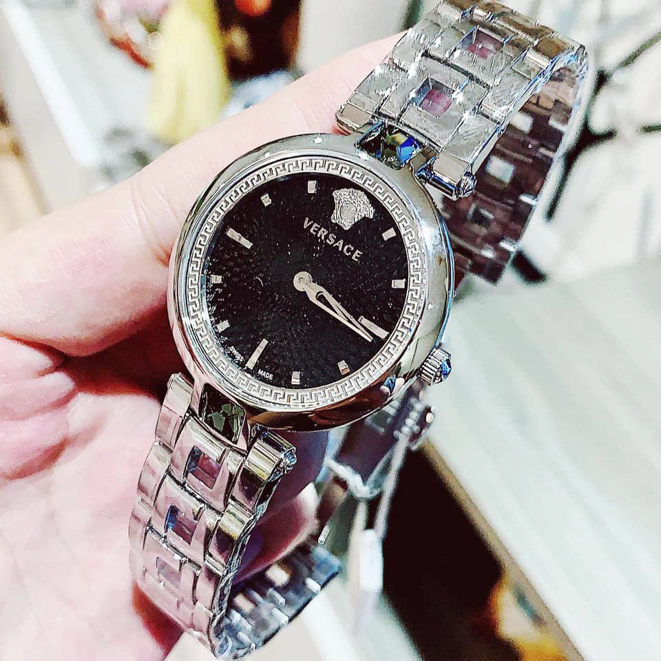 Versace Crystal Gleam Guilloche Black Dial Silver Steel Strap Watch for Women - VAN030016 Buy Now By Versace