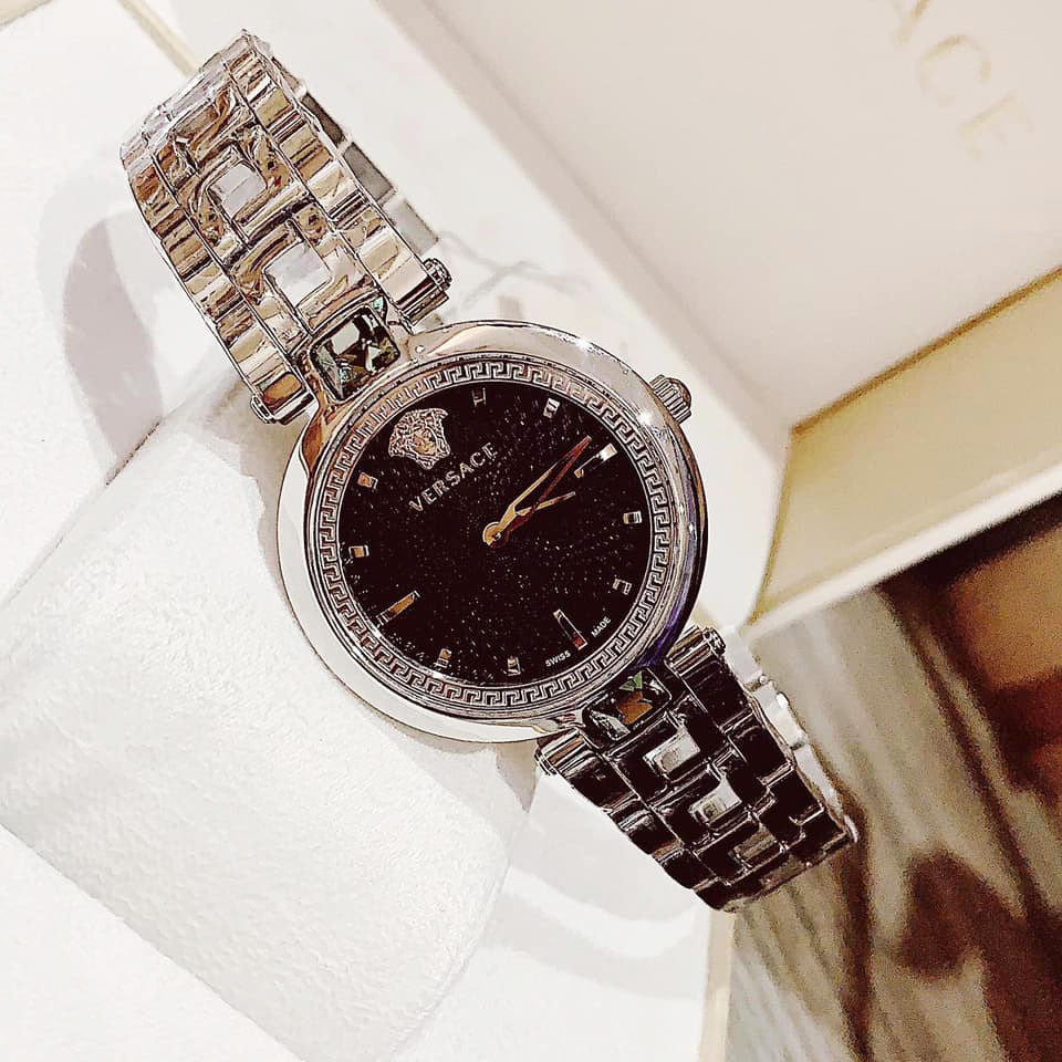 Versace Crystal Gleam Guilloche Black Dial Silver Steel Strap Watch for Women - VAN030016 Buy Now By Versace