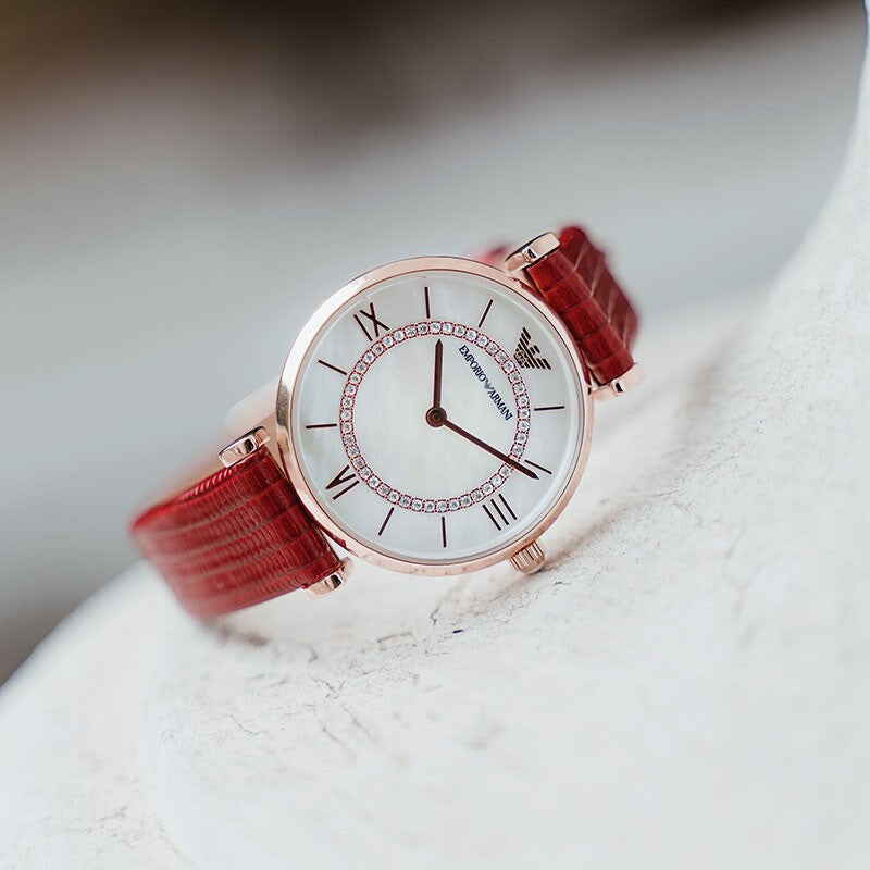 Emporio Armani Gianni T-Bar Analog Mother of Pearl Dial Red Leather Strap Watch For Women - AR11322 Buy Now By Emporio Armani