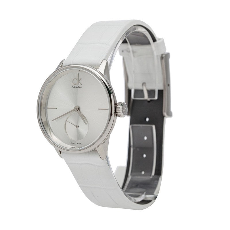 Calvin Klein Accent Silver Dial White Leather Strap Watch for Women - K2Y231K6 Buy Now By Calvin Klein
