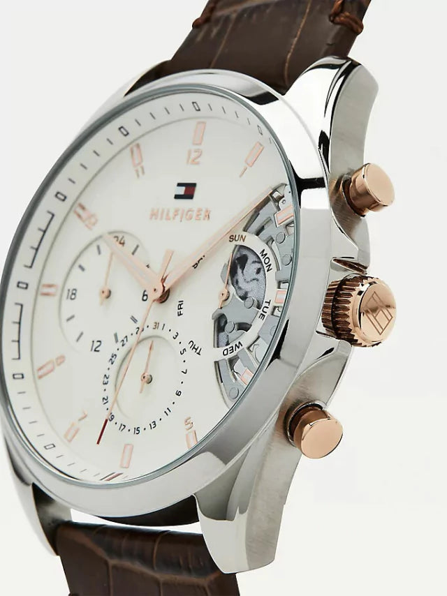 Tommy Hilfiger Baker Chronograph White Dial Brown Leather Strap Watch For Men - 1710450 Buy Now By Tommy Hilfiger