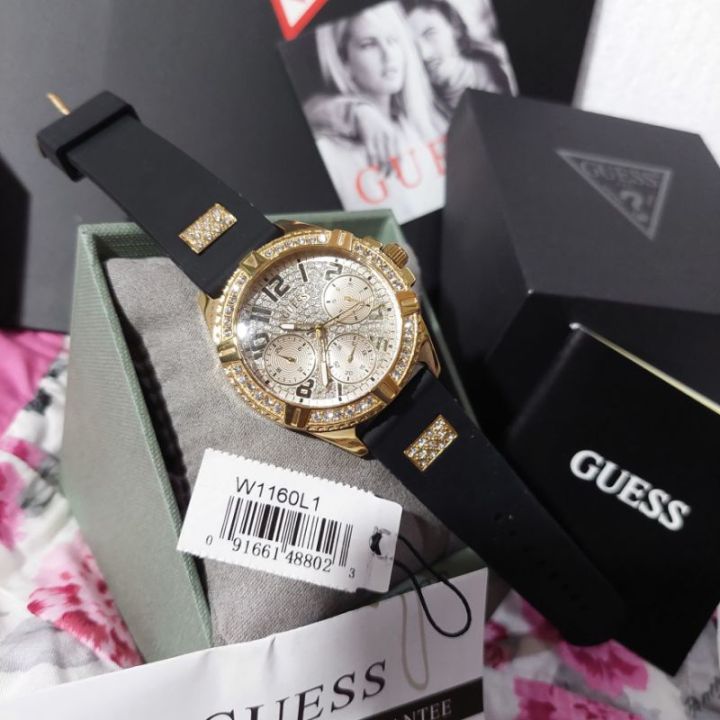 Guess Frontier Diamonds Gold Dial Black Rubber Strap Watch For Women - W1160L1 Buy Now By Guess