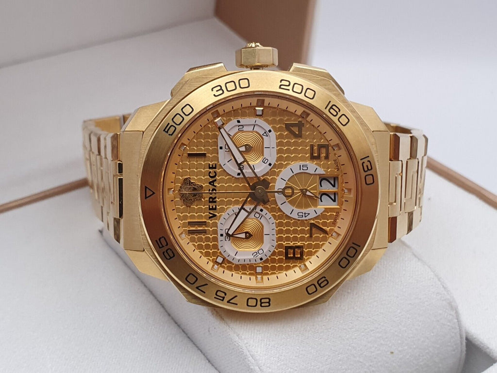 Versace Dylos Chronograph Gold Dial Gold Steel Strap Watch for Men - VQC040015 Buy Now By Versace