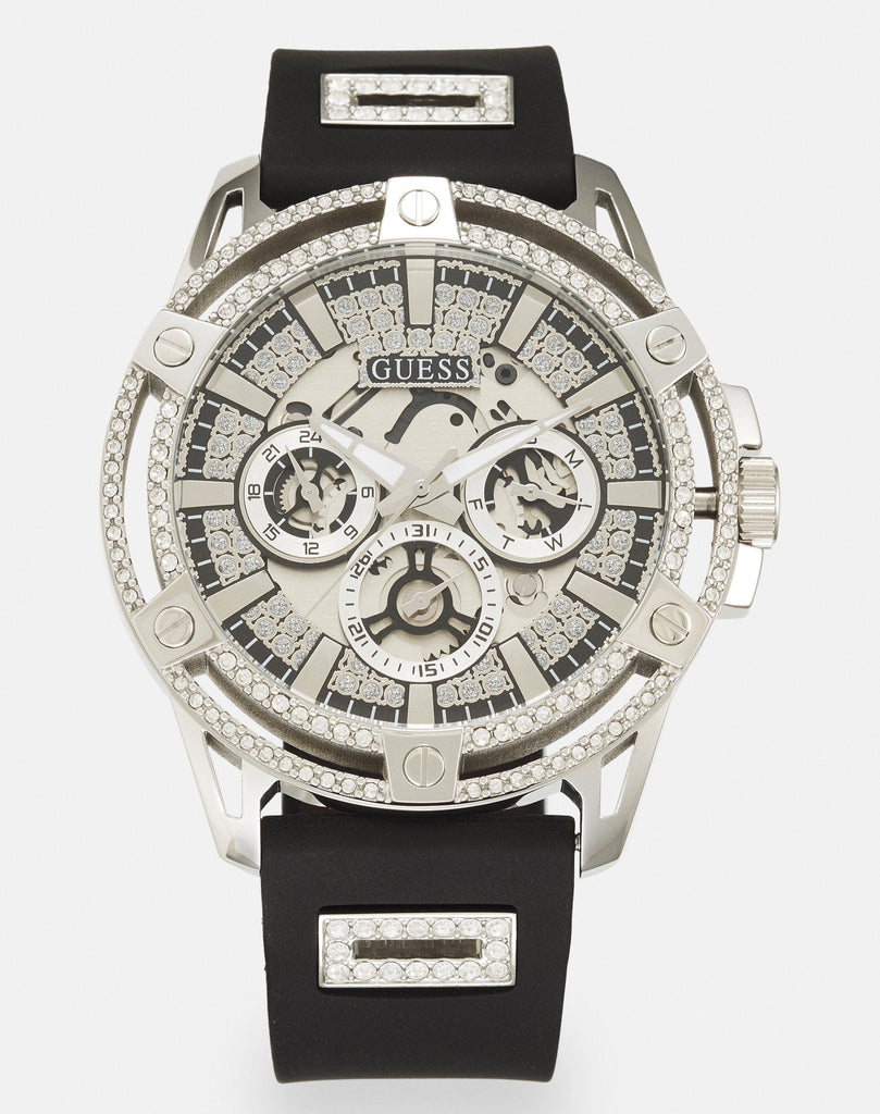 Guess King Quartz Crystals Silver Dial Black Silicone Strap Watch For Men - GW0537G1 Buy Now By Guess
