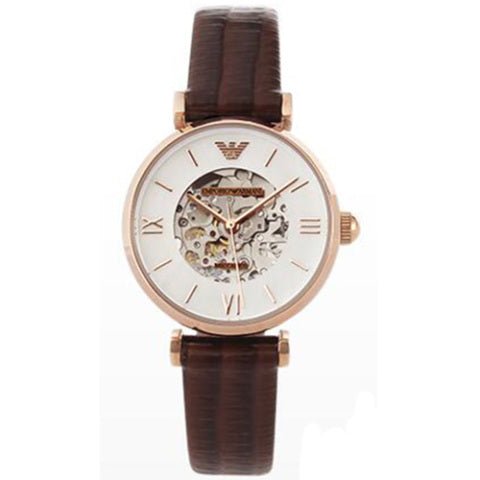 Emporio Armani Meccanico Skeleton Mother of Pearl Dial Brown Leather Strap Watch For Women - AR1993 Buy Now By Emporio Armani