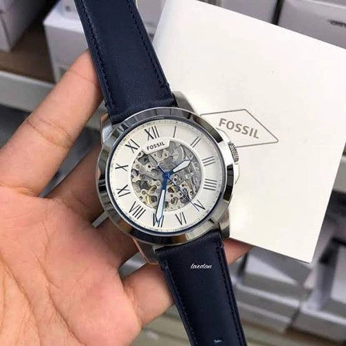 Fossil Grant Automatic Skeleton Silver Dial Blue Leather Strap Watch for Men - ME3111 Buy Now By Fossil
