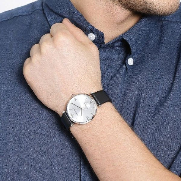Emporio Armani Retro Analog Quartz Silver Dial Black Leather Strap Watch For Men - AR1674 Buy Now By Emporio Armani