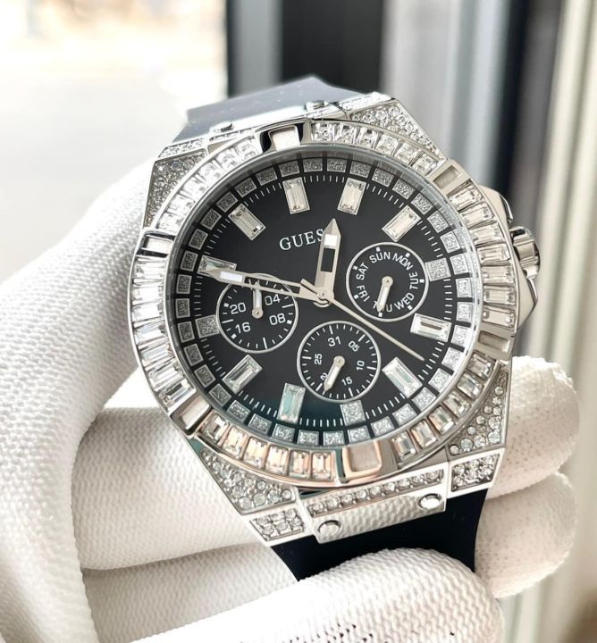 Guess Baguette Crystals Black Dial Black Silicone Strap Watch For Men - GW0208G1 Buy Now By Guess