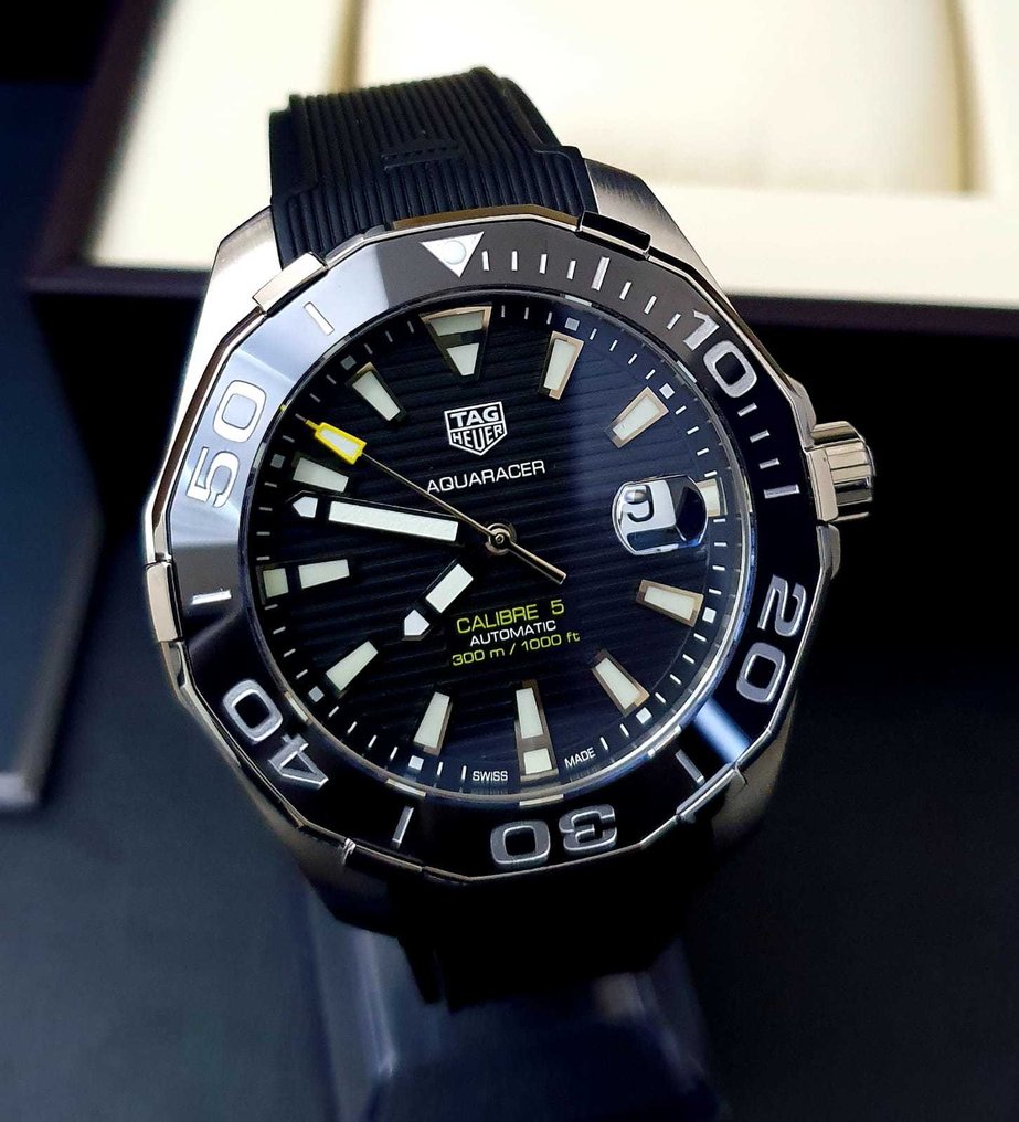 Tag Heuer Aquaracer Calibre 5 Automatic Black Dial Black Rubber Strap Watch for Men - WAY201A.FT6142 Buy Now By Tag Heuer