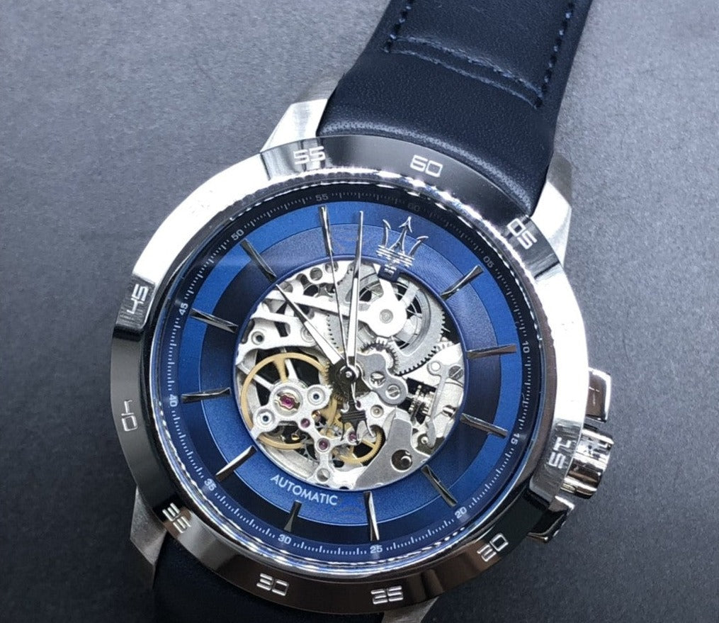 Maserati Ingegno Automatic Blue Skeleton Dial Black Leather Strap Watch For Men - R8821119004 Buy Now By Maserati