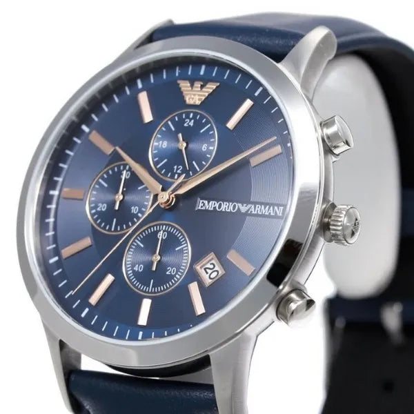 Emporio Armani Renato Chronograph Blue Dial Black Leather Strap Watch For Men - AR11216 Buy Now By Emporio Armani