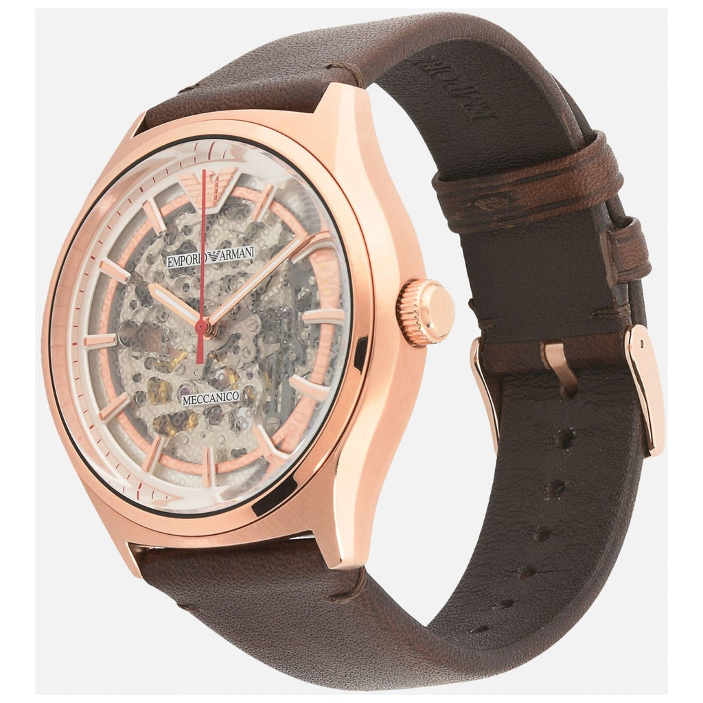 Emporio Armani Meccanico White Skeleton Dial Brown Leather Strap Watch For Men - AR60005 Buy Now By Emporio Armani