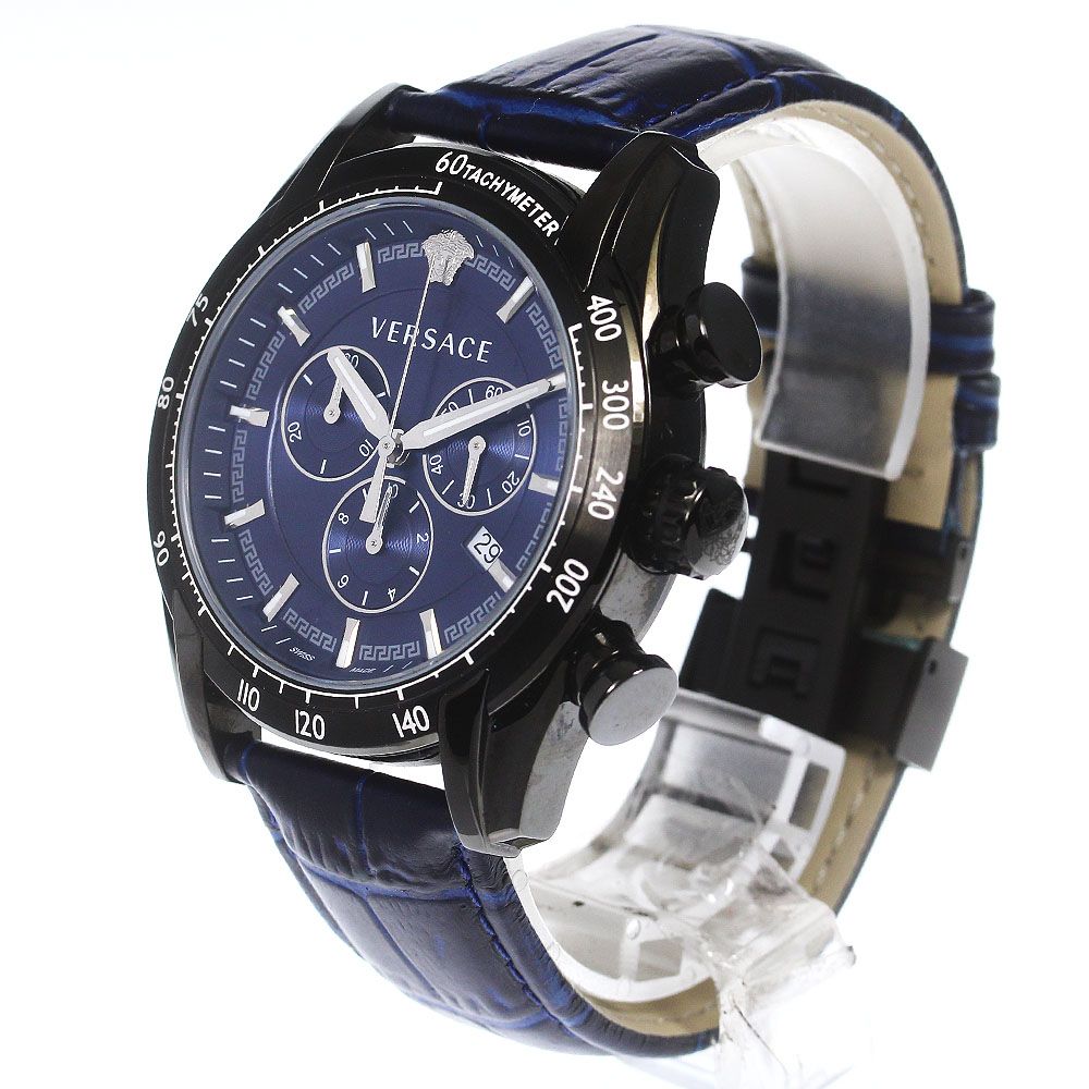 Versace V-Ray Chronograph Quartz Blue Dial Black Leather Strap Watch For Men - VEDB00418 Buy Now By Versace