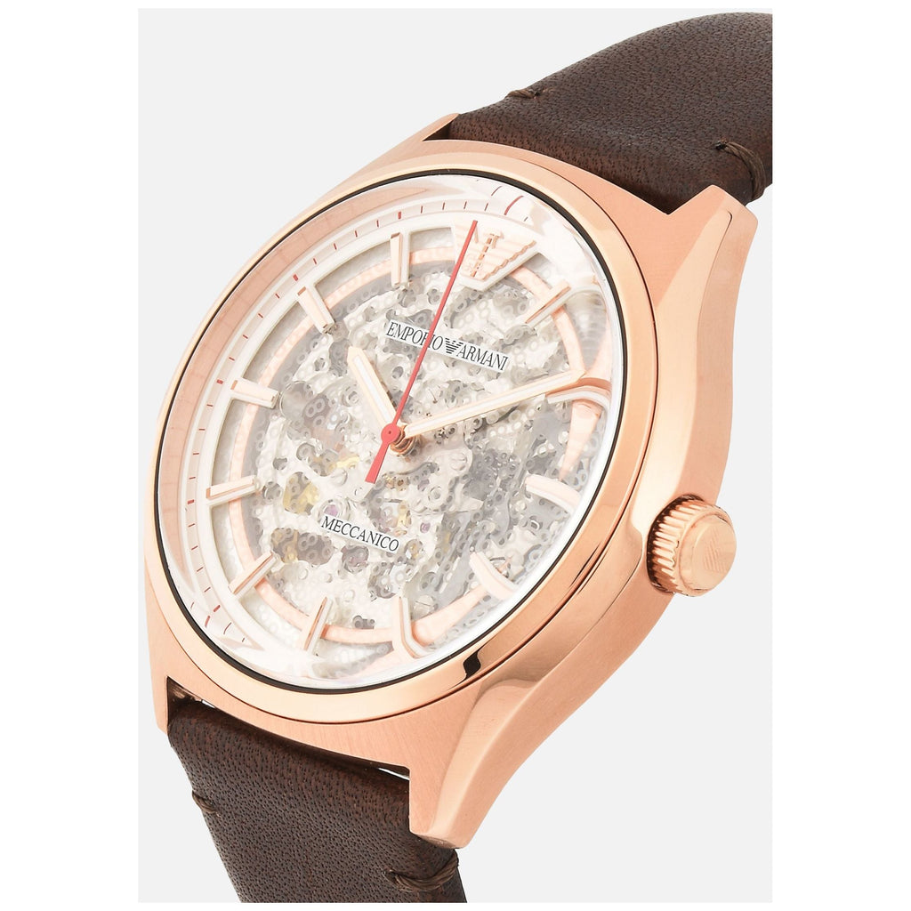 Emporio Armani Meccanico White Skeleton Dial Brown Leather Strap Watch For Men - AR60005 Buy Now By Emporio Armani