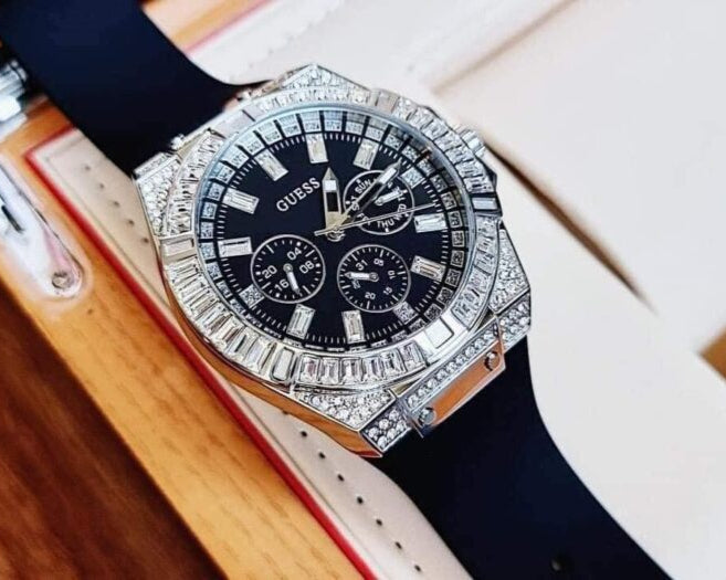 Guess Baguette Crystals Black Dial Black Silicone Strap Watch For Men - GW0208G1 Buy Now By Guess