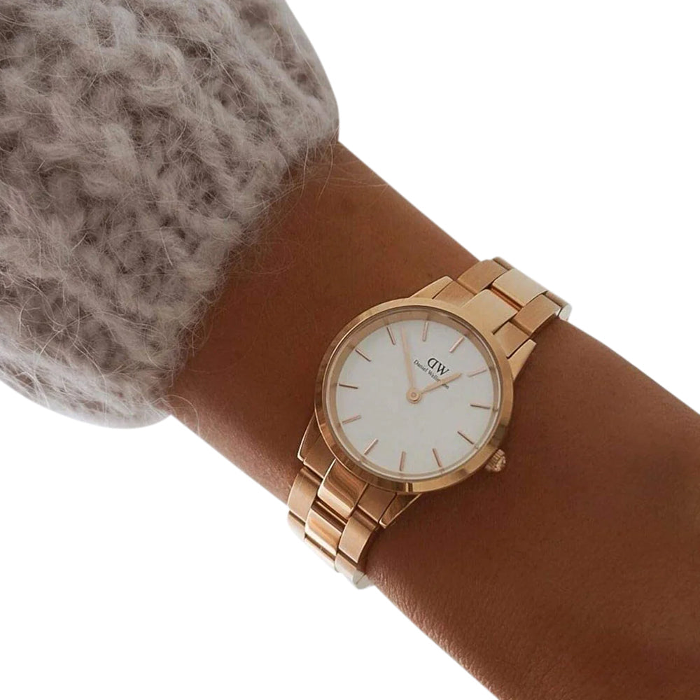 Daniel Wellington Iconic Link White Dial Rose Gold Steel Strap Watch For Women - DW00100211