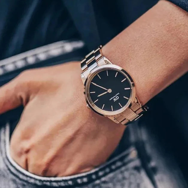 Daniel Wellington Iconic Link Black Dial Rose Gold Steel Strap Watch for Women - DW00100210