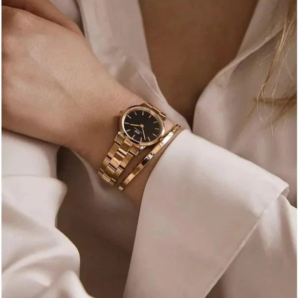 Daniel Wellington Iconic Link Black Dial Rose Gold Steel Strap Watch for Women - DW00100212