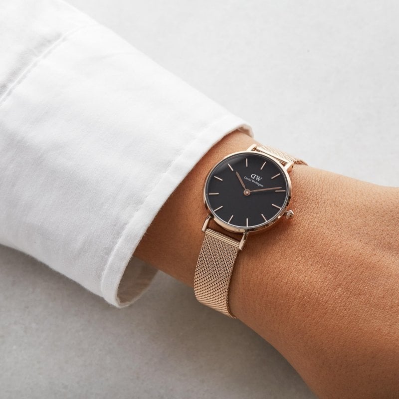 Daniel Wellington Classic Petite Melrose Black Dial Rose Gold Mesh Bracelet Watch For Women - DW00100217 Buy Now By Daniel Wellington