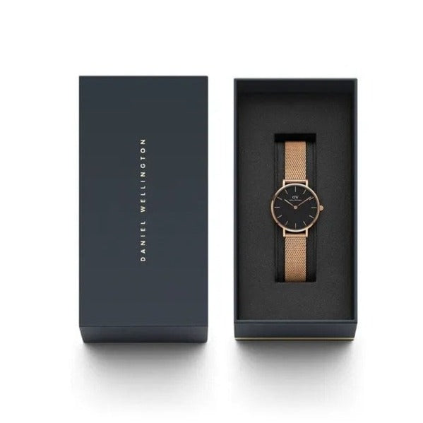 Daniel Wellington Classic Petite Melrose Black Dial Rose Gold Mesh Bracelet Watch For Women - DW00100217 Buy Now By Daniel Wellington