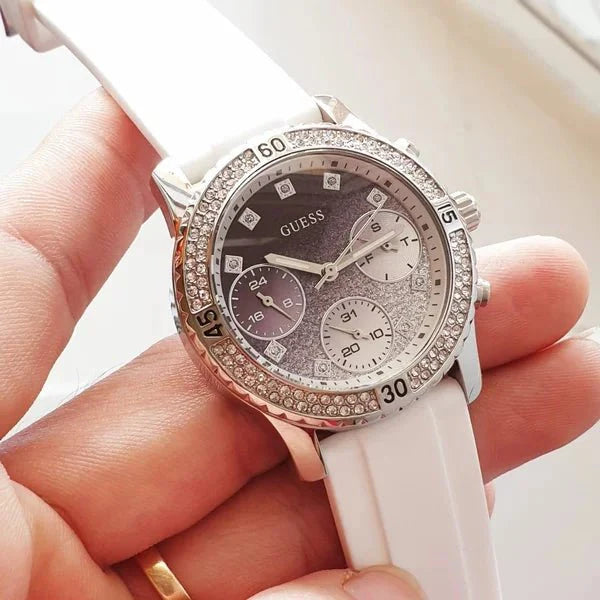 Guess Confetti Crystal Black Dial White Silicone Strap Watch For Women - W1098L1 Buy Now By Guess