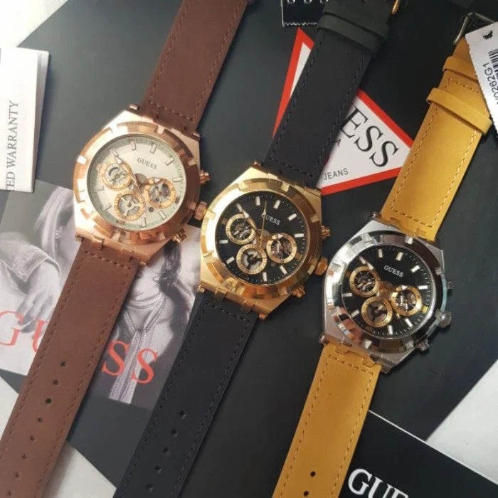 Guess Analog Multifunction White Dial Brown Leather Strap Watch for Men - GW0262G3 Buy Now By Guess