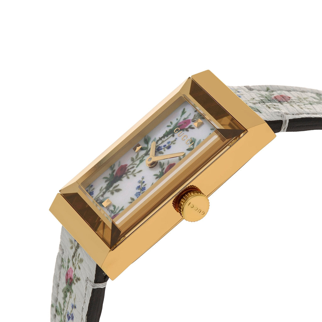 Gucci G-Frame Floral Mother of Pearl Dial White Leather Strap Watch For Women - YA147407 Buy Now By Gucci