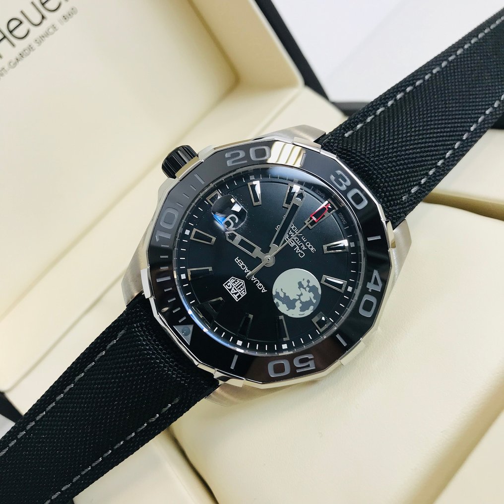 Tag Heuer Aquaracer Calibre 5 Moon Black Dial Black Nylon Strap Watch for Men - WAY201J.FC6370 Buy Now By Tag Heuer