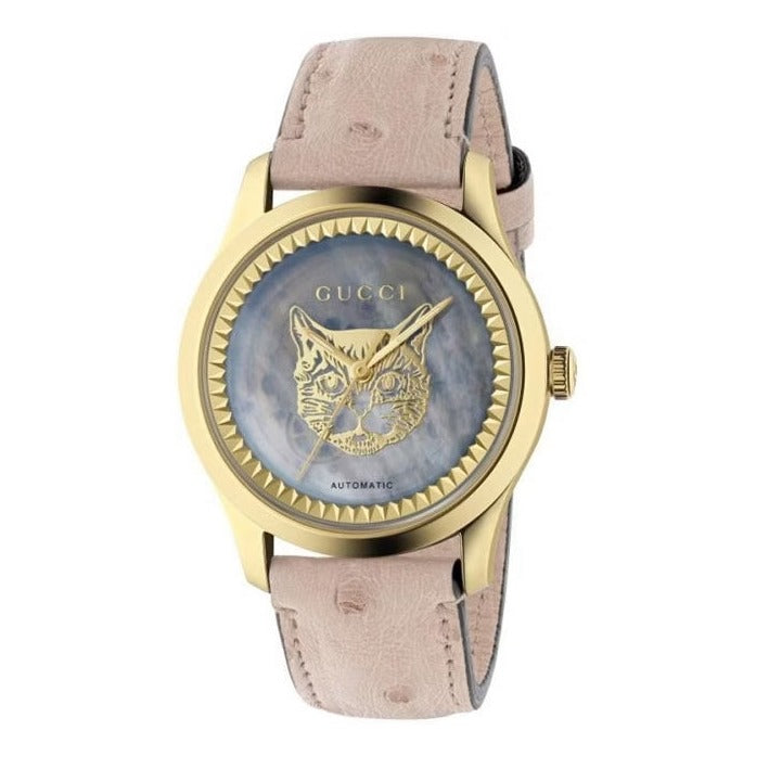 Gucci G Timeless Skeleton 16K Gold Mother of Pearl Dial Pink Leather Strap Watch For Women - YA1264110 Buy Now By Gucci