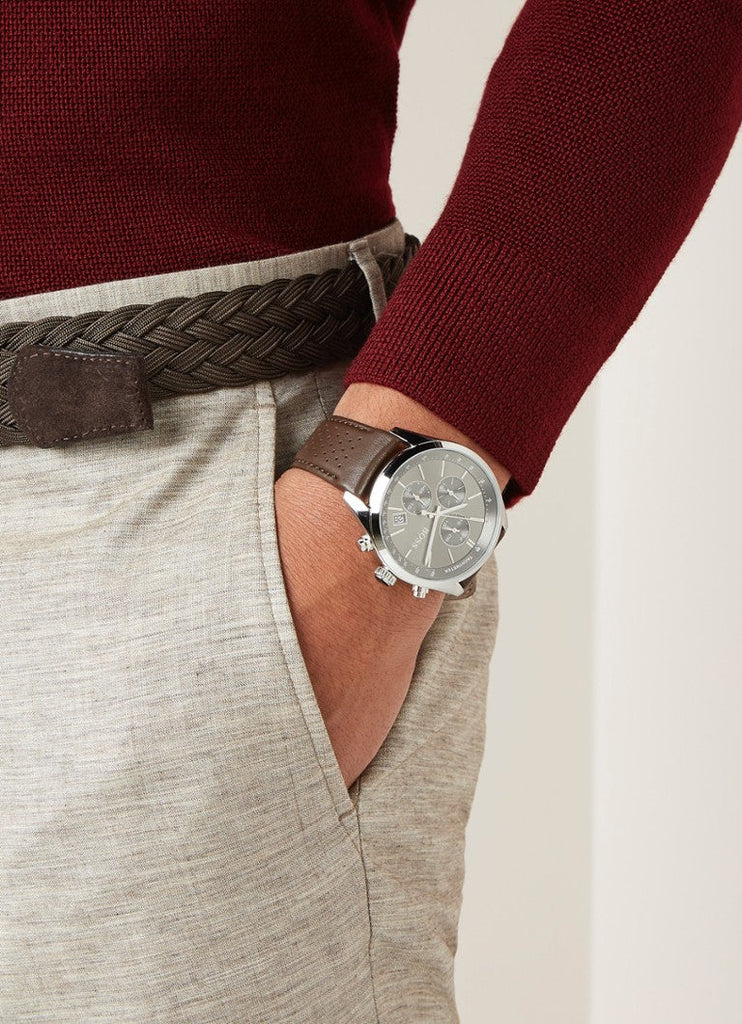 Hugo Boss Grand Prix Grey Dial Brown Leather Strap Watch for Men - 1513476 Buy Now By Hugo Boss