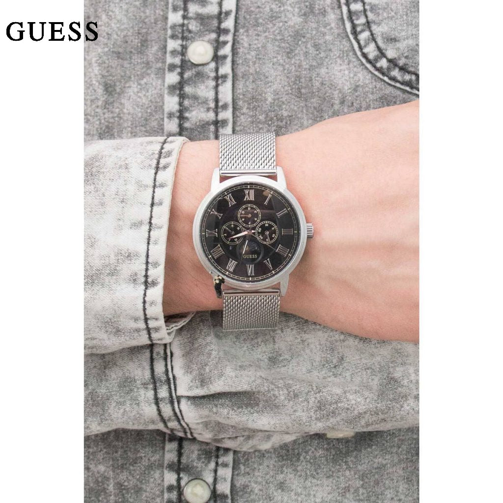Guess Delancey Black Dial Silver Mesh Bracelet Watch for Men - W0871G1 Buy Now By Guess