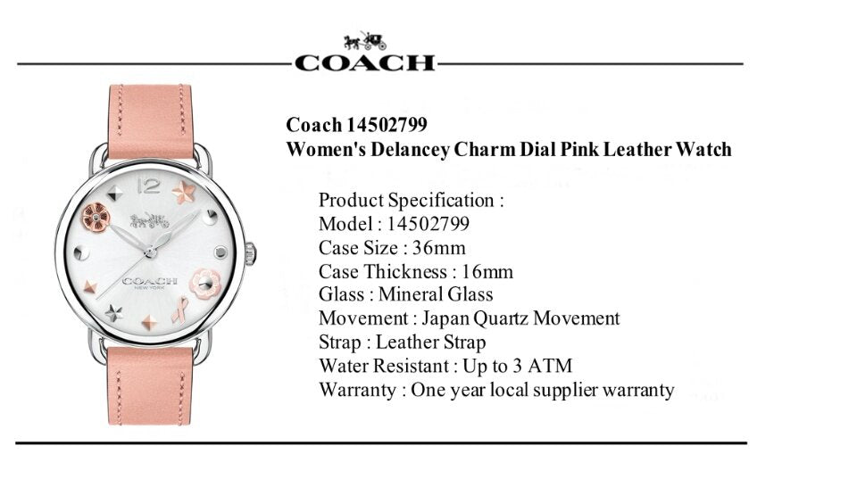 Coach Delancey White Dial Pink Leather Strap Watch for Women - 14502799 Buy Now By Coach