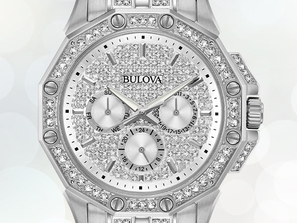 Bulova Crystal Collection Pave Silver Dial with Crystals Silver Steel Strap Watch for Men - 96C134 Buy Now By Bulova